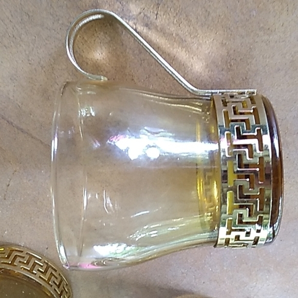 4 vtg Libbey amber gold Greek Key metal handle coffee ☕ cups - Picture 3 of 4